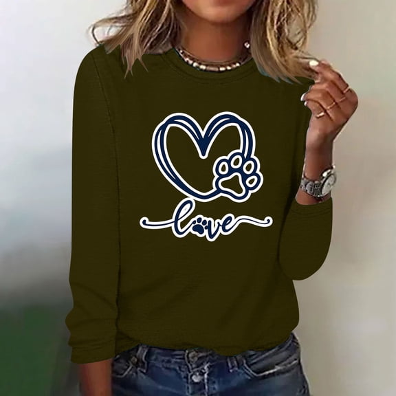 Elvqul Shirts for Women Pullover Tops Long Sleeve Winter Round Neck Casual Juniors Shirts Dog Paw Graphic