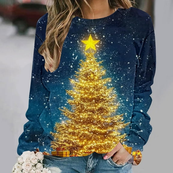 Elvqul Shirts for Women Tops Fashion Funny Long Sleeve Crewneck Womens Shirts Christmas