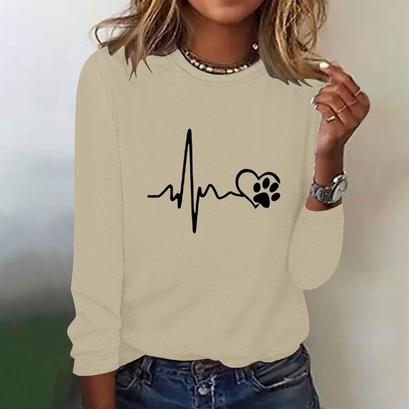 Elvqul Shirts for Women Tops Winter Casual Versatile Crew Neck Graphic Pullover Juniors Shirts