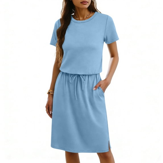 Elvqul Short Sleeve Dresses for Women Loose Crew Neck Mini Dresses Light Blue Tunic Pullover Solid Womens Tank Dresses Summer