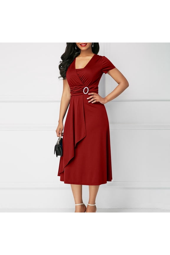 Short Sleeve Dresses for Women Ruffle Spring Max Gown V Neck Plus Size Solid Red Womens Evening Dress