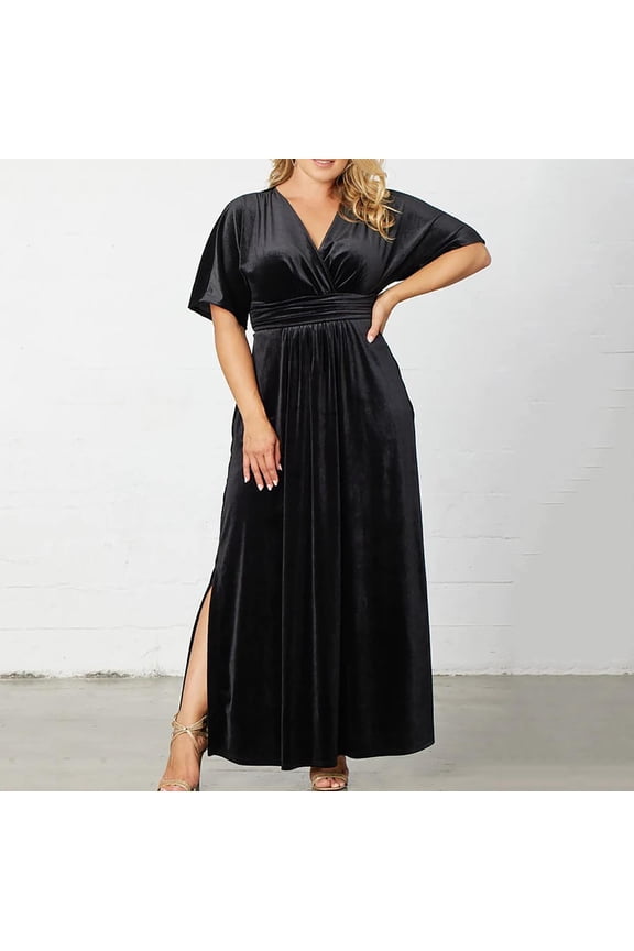 Short Sleeve Dresses for Women Solid Plus Size Max Gown V Neck Ruffle Green Ladies Evening Dress Summer