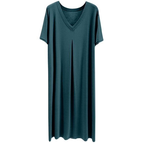 Elvqul Short Sleeve Dresses for Women Summer Pleated Max Gown V Neck Solid Plus Size Womens Pajamas Formal