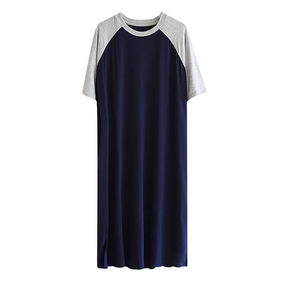 Elvqul Short Sleeve Nightgown for Men Pullover Crew Neck Nightshirt Big & Tall Loose Fit Side Split Plain Mens Nightwear