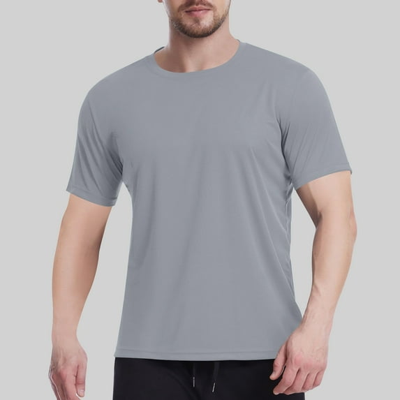 Elvqul Short Sleeve Shirts for Men Big and Tall Workout T-Shirts Casual Athletic Pullover Gray Crew Neck Solid Color Mens Shirts Breathable