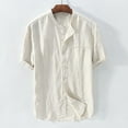 thumbnail image 1 of Elvqul Short Sleeve Shirts for Men Loose Big and Tall Beige Cotton Linen V-Neck Lightweight Button down Solid Shirts, 1 of 8