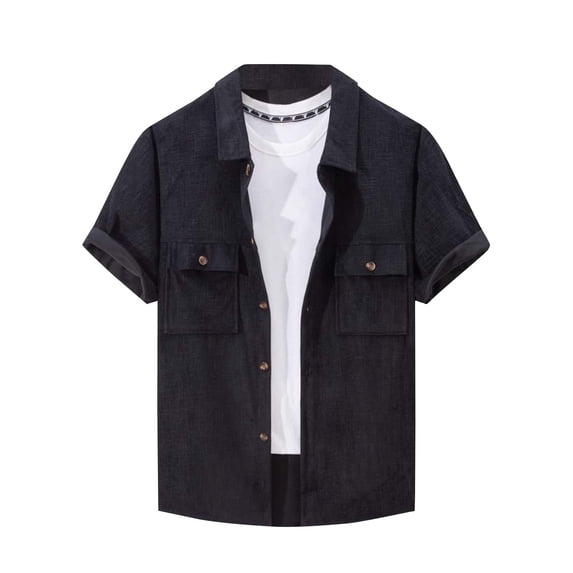 Elvqul Short Sleeve Shirts for Men Summer T-Shirt Quick Dry with Pocket Collared Fashion Classic Plain Button Up Mens Tee Black