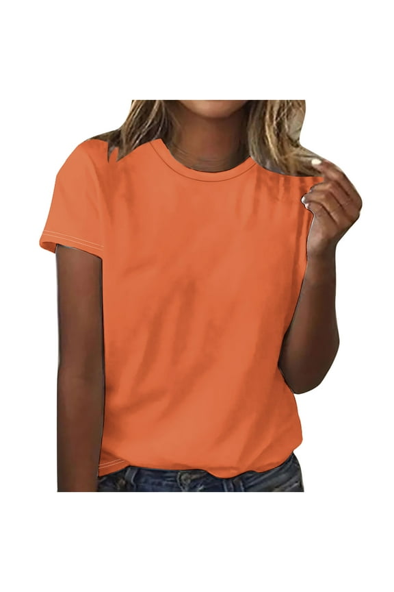 Short Sleeve Summer Shirts for Women Crew Neck Orange T-shirt Loose Fashion Casual Solid Tops