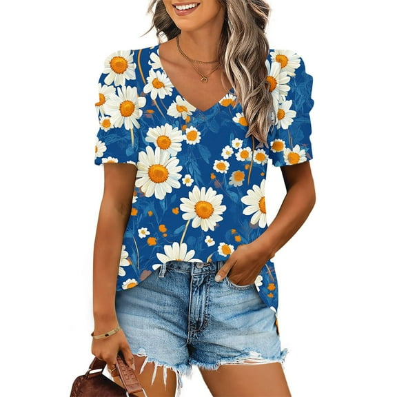 Elvqul Short Sleeve Tops for Women V-Neck Fashion Comfortable Blouses Flowers Print T-Shirts Pullover Blue Puff Sleeve Tops