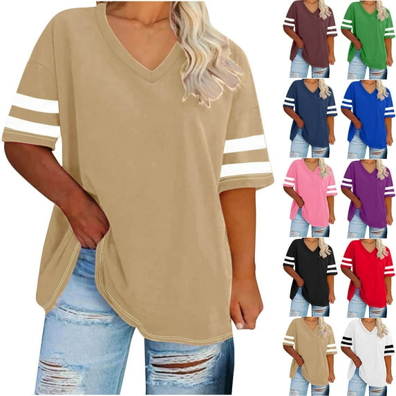 Elvqul Short Sleeve Womens Dressy Tops Khaki V-Neck T-Shirt for Women Plus Size Solid Oversized Tops
