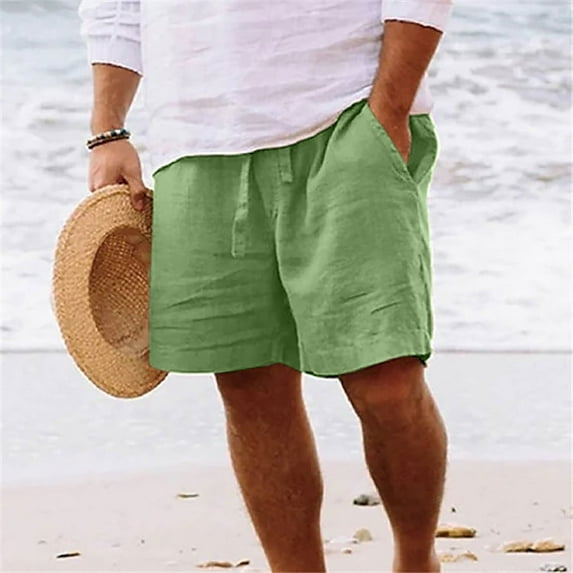 Elvqul Shorts Men Cotton Linen Green Elastic Straight Leg Solid Big and Tall with Pockets Shorts