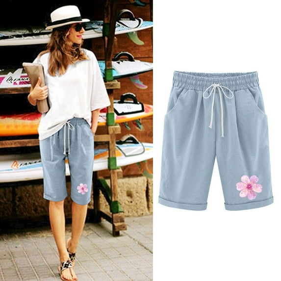 Elvqul Shorts for Women Workout Comfortable Elastic Waist with Pockets Drawstring Light Blue Shorts