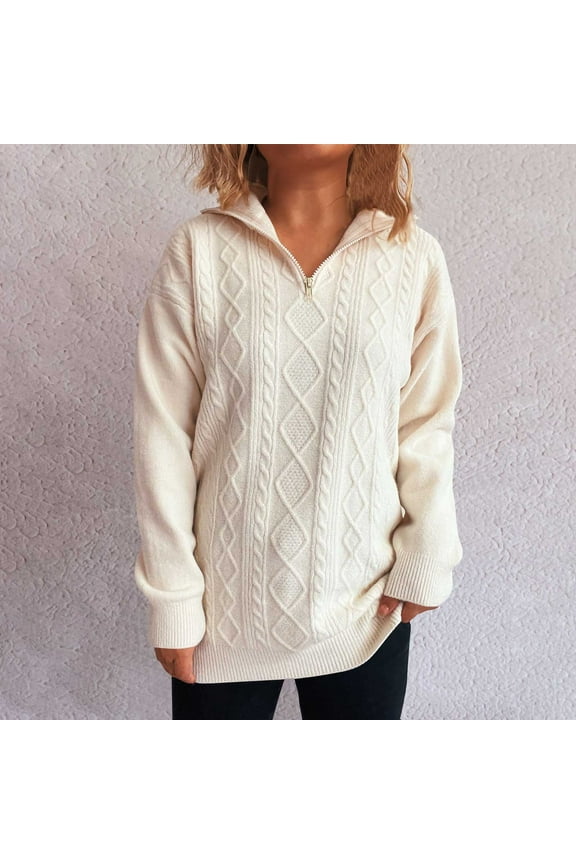 Shrink-to-Fit Sweaters for Women Argyle Knit Zipper Soft White Tops Winter Thick Warm Casual Womens Blouse Work