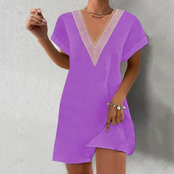 Elvqul Silk Dresses Women Solid Color Plus Size Purple V-Neck Summer Short Sleeve Mini Ladies Dresses