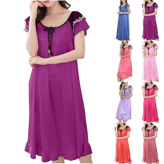 Royisotas Silky Nightgowns for Women Pleated Loose Sleepwear Long Casual Orange Solid Color Womens Nightdress Comfortable