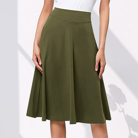 Elvqul Skirts for Women Plain Under $10 Elastic Flare Cotton Army Green High Waist Casual Midi Summer Skirts