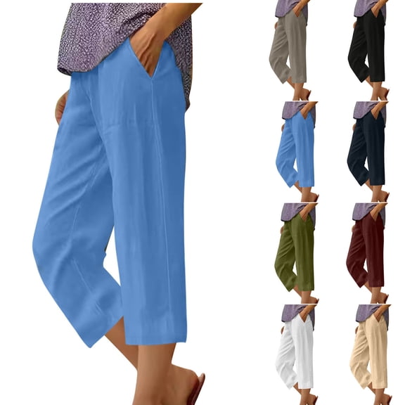 Elvqul Sky Blue Capris for Women Plus Size Womens Pants Comfortable Pockets Elastic Pants