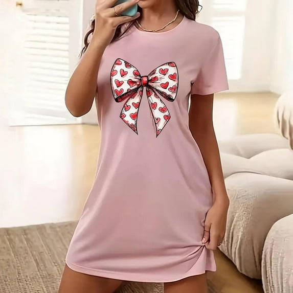 Elvqul Sleepwear for Women Short Sleeve Round Neck Womens Nightgown Oversized Casual Printed Short Nightgowns Valentine's Day Pink