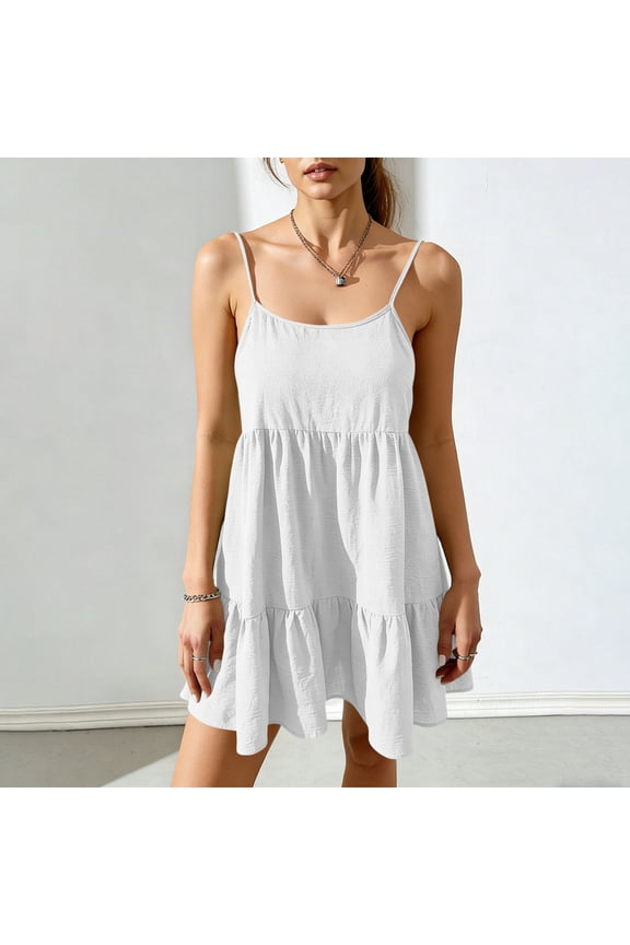 Sleeveless Dresses for Women Mini Dresses Square Neck Flowy Summer White Spaghetti Strap Womens Cami Dresses Pleated