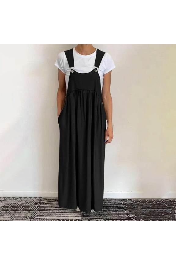 Sleeveless Dresses for Women Ruffle Solid Max Gown Crew Neck Plus Size Trendy Black Womens Pleated