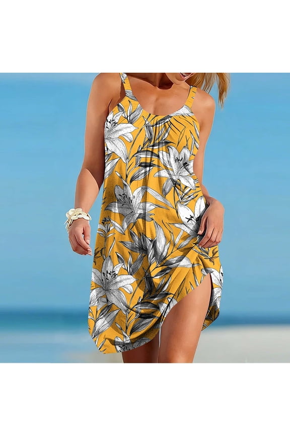 Sleeveless Dresses for Women Spaghetti Strap Summer Mini Dresses V Neck Flowy Yellow Side Slit Womens Cami Dresses Holiday