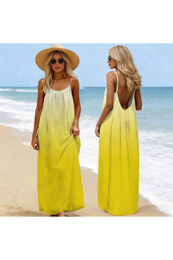 Sleeveless Dresses for Women Summer Backless Maxi Dresses Square Neck Gradient Yellow Ladies Cami Dresses Beach