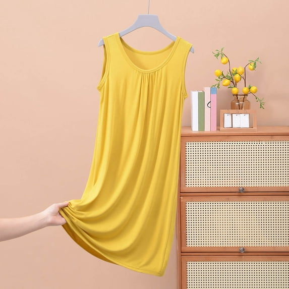 Elvqul Sleeveless Pajamas for Women Ladies Solid Dress Yellow Night Shirts for Women Button Down