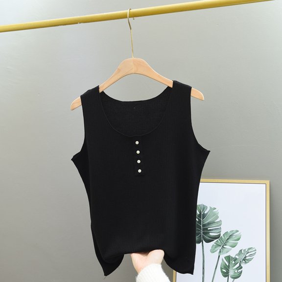 Elvqul Sleeveless Tank Tops for Women Crewneck Juniors Camisole Solid Ribbed Pullover Undershirts Black