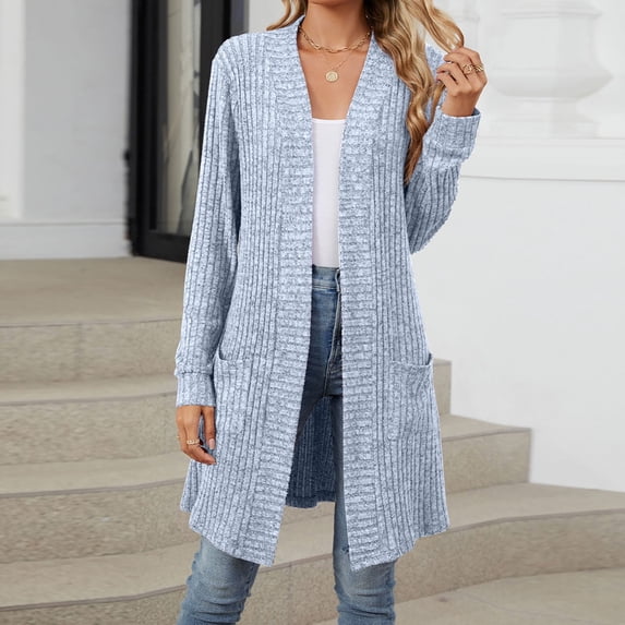 Elvqul Soft Cardigans Women Long Sleeve Long Causal Womens Sweater with Pockets Solid Kimono Ladies Light Blue Tops