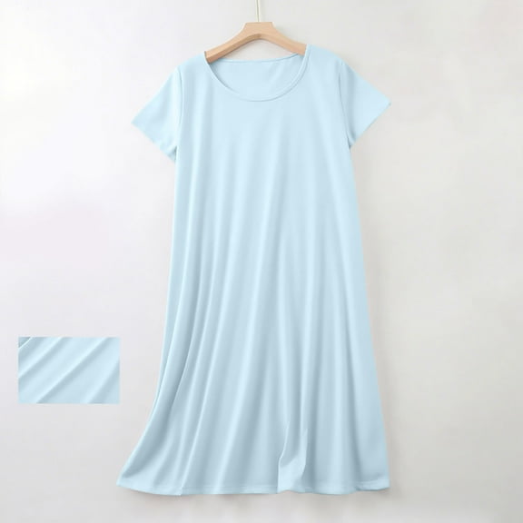 Royisotas Soft Nightgowns for Women Long Silky Sleepwear Short Sleeve Summer Plus Size Solid Color V-Neck Ladies Loungewear