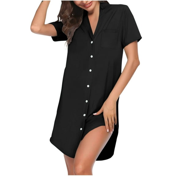 Elvqul Solid Nightgowns for Women Short Sleeve Summer Loungewear Black Holiday Button up Nighty Nightgowns