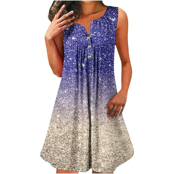 Elvqul Spring Dresses Women Sleeveless Graphic Casual Knee Length Midi Henley A-line Dress Purple