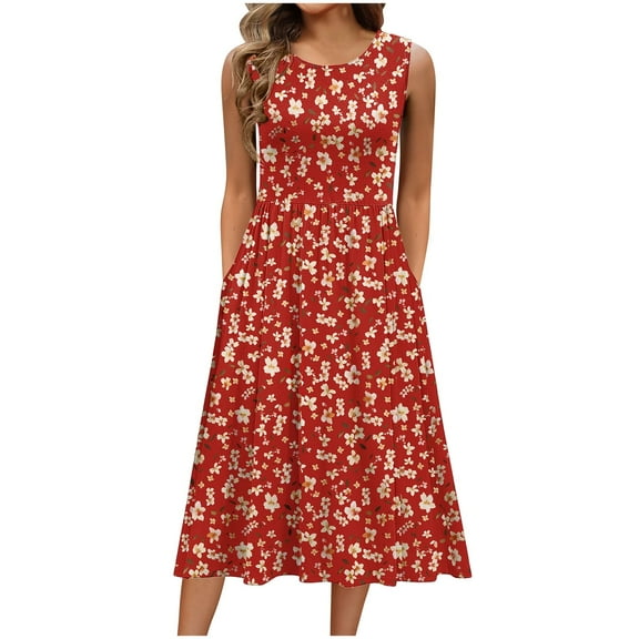Elvqul Spring Dresses for Women Print Sleeveless Mid-Length Midi Red Plus Sun Dress Round Neck