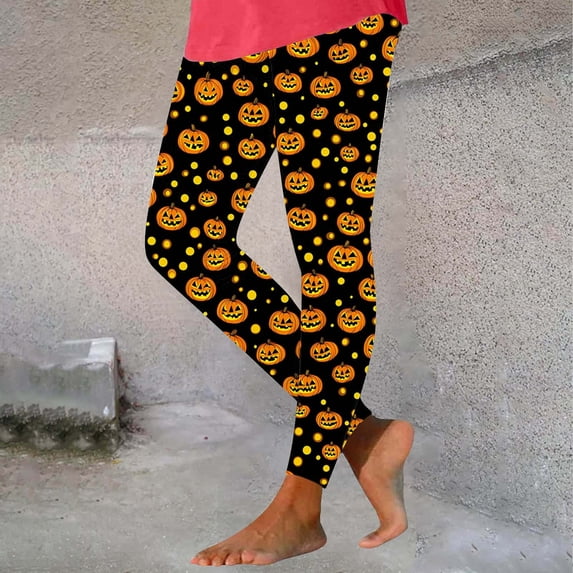 Elvqul Stretch Leggings for Women Orange Pants Plus Size High Waist Halloween Winter Womens Yoga Pants Pumpkin Print