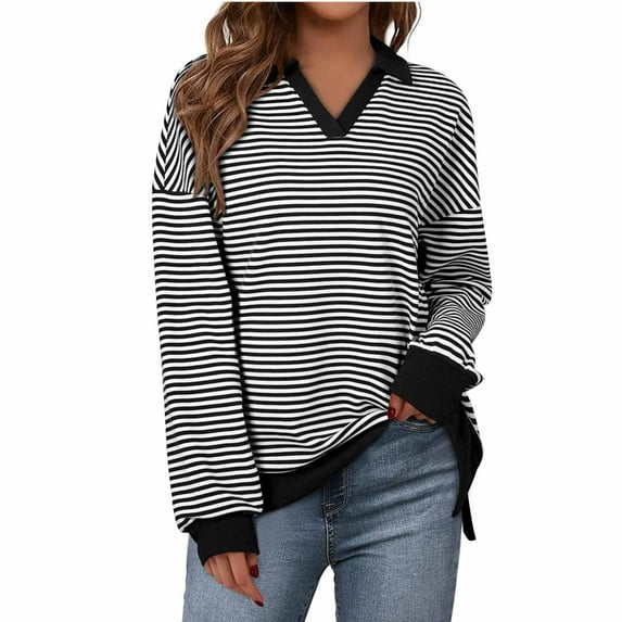 Elvqul Striped Tops for Women Casual Blouses Long Sleeve Dressy Loose V Neck Womens Shirts Black