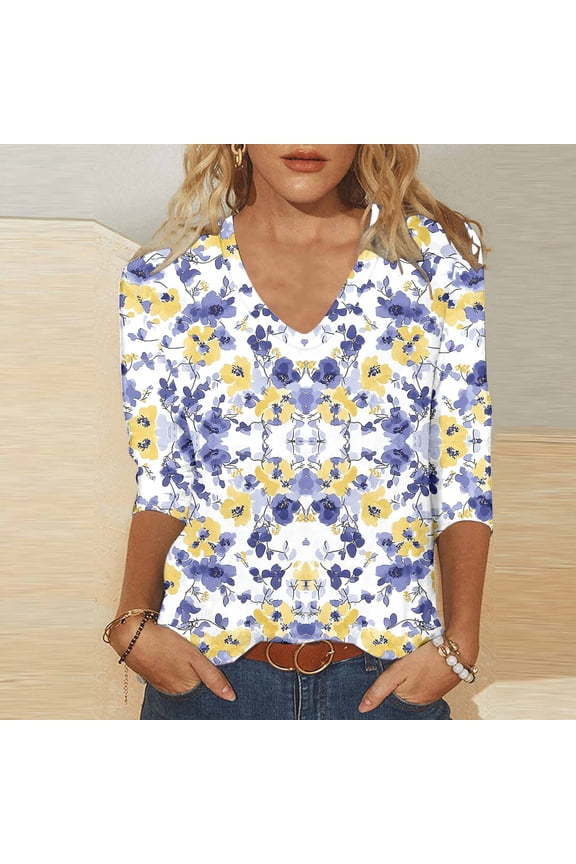 Stylish Blouses for Women Shirts Pullover 3/4 Sleeve V-Neck Cold Weather Womens Blouses Floral