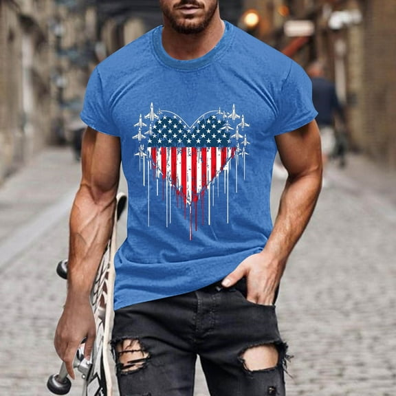 Elvqul Stylish Shirts for Men Independence Day American Flag Pullover Star Tee Shirts Fashion Blue Short Sleeve Fourth of July Mens Shirts Crew Neck