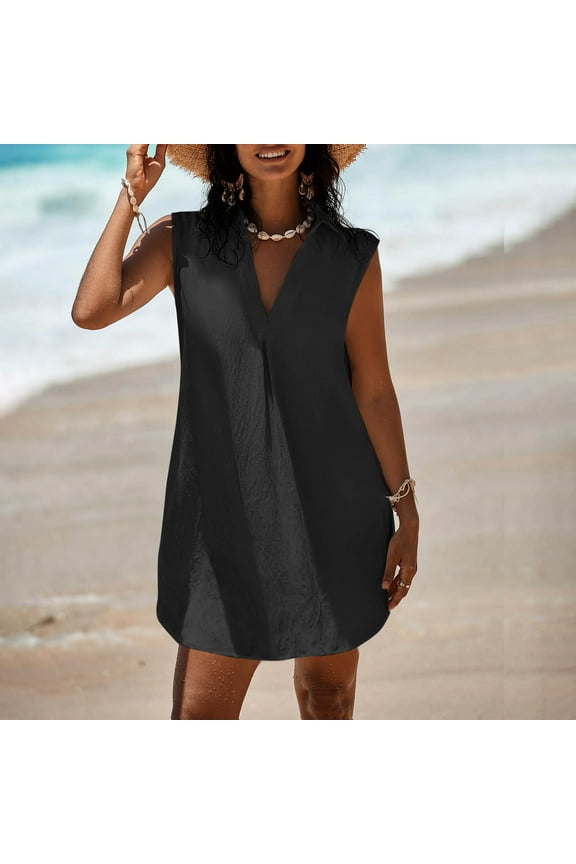 Summer Dress for Women Black Pullover Mini Dress V-Neck Casual 2026 Plain Womens Cami Dress