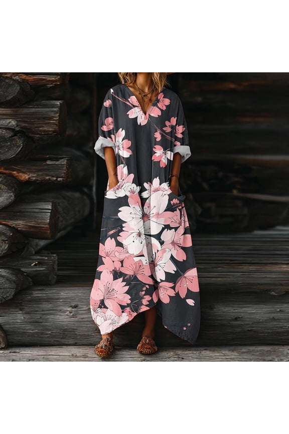 Summer Dresses for Women Pink Maxi Dress Pullover V-Neck 3/4 Sleeve Asymmetrical Womens Tank Dresses Pocket