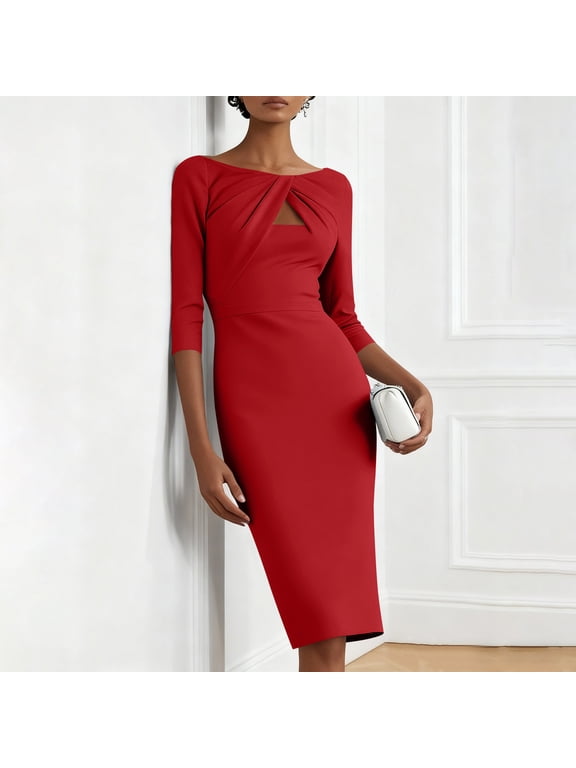 Summer Knee-Length Dresses for Women Dresses Crew Neck Pullover Red Slim Tunic s A-Line Dresses 3/4 Sleeve