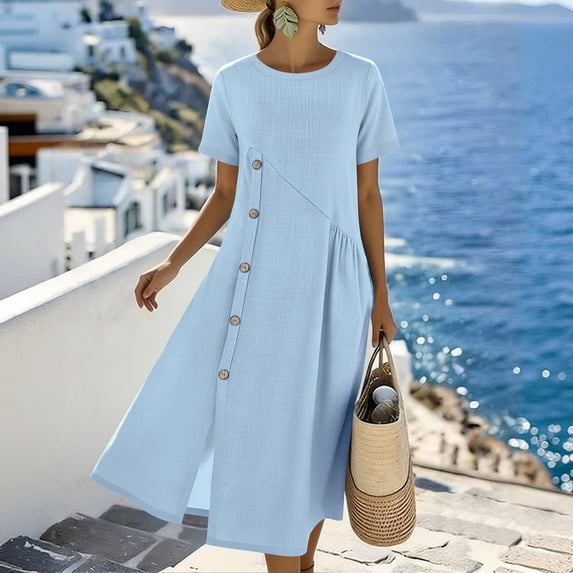 Elvqul Summer Long Dresses for Women Button Down Sundresses Round Neck Short Sleeve Pocktes Flowy Tunic s A-Line Dresses Solid