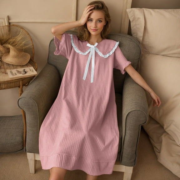 Elvqul Summer Nightgowns for Women Short Sleeve Solid Loungewear Plus Size Soft Pink Night Dress Crew Neck Holiday Nightgowns