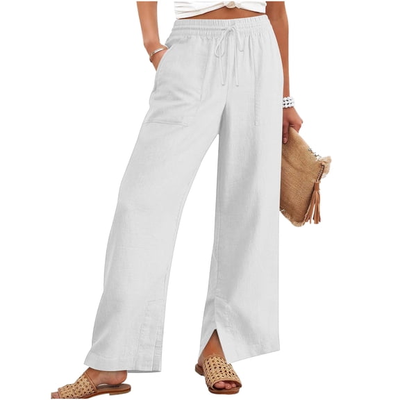 Elvqul Summer Pants for Women Cotton Linen Pants Straight Leg White Pockets Plain Juniors Bottoms