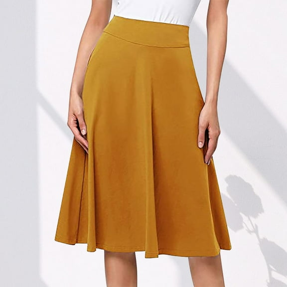 Elvqul Summer Skirts Women Elastic Midi Plus Size Solid Color Yellow Cotton Flare High Waist Daily Skirts