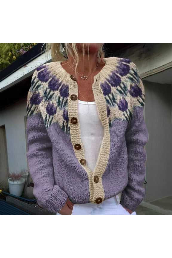 Sweaters for Women Button Down Cardigan Knit Plus Size Purple Winter Printed Long Sleeve Womens Sweater Tops Crewneck