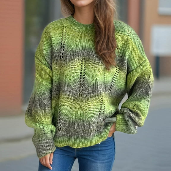 Vetsdori Sweaters for Women Casual Pullover Crew neck Trendy Knitted Gradient Print Womens Sweaters Long Sleeve