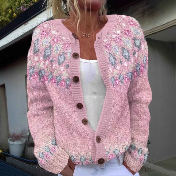 Royisotas Sweaters for Women Crewneck Cardigan Button Down Pink Plus Size Warm Long Sleeve Knit Ladies Sweater Tops