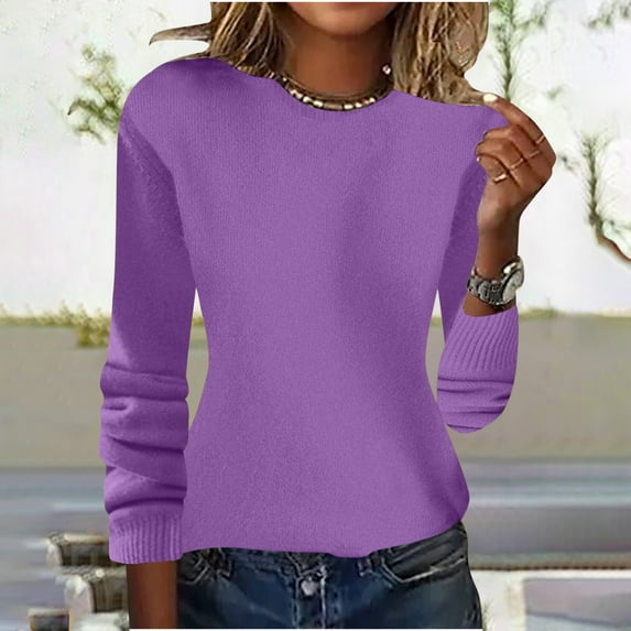Elvqul Sweaters for Women Holiday Purple Pullover Round Long Sleeve Thickness Office Womens Sweaters