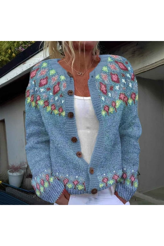 Sweaters for Women Light Blue Plus Size Cardigan Button Down Knit Printed Crewneck Long Sleeve Juniors Sweater Tops
