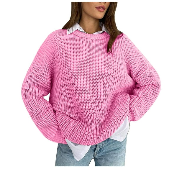 Royisotas Sweaters for Women Pink Knit Loose Crewneck Fashion Pullover Solid Color Womens Sweater Tops Long Sleeve